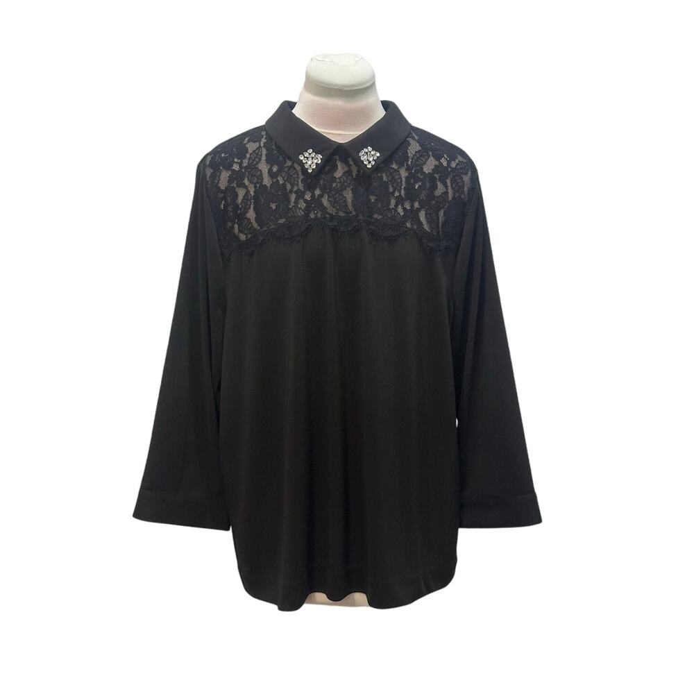 NWOT KARL LAGERFELD PARIS Black 3/4 Sleeve Blouse Lace Top Rhinestone Collar L
